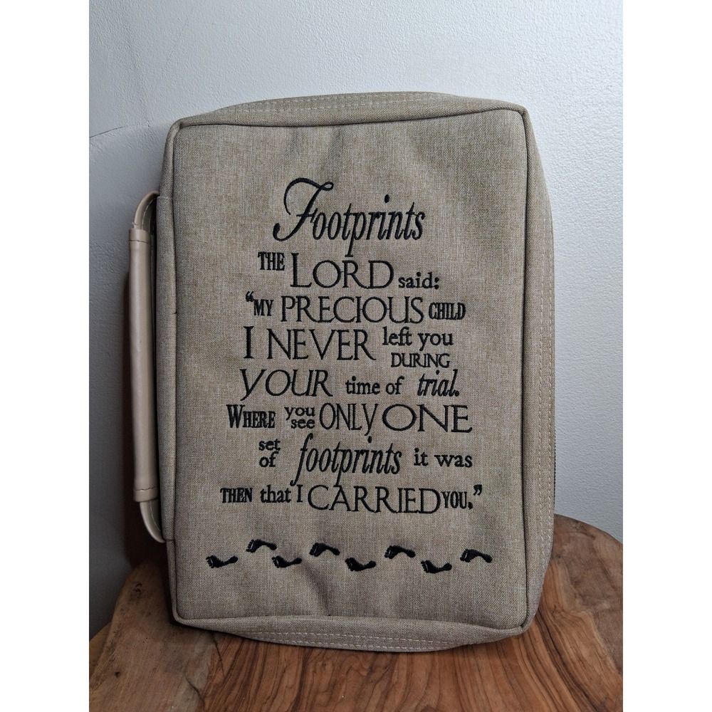 Footprints in the Sand Canvas Bible Cover Tan Zippered Case with Cross Pulls